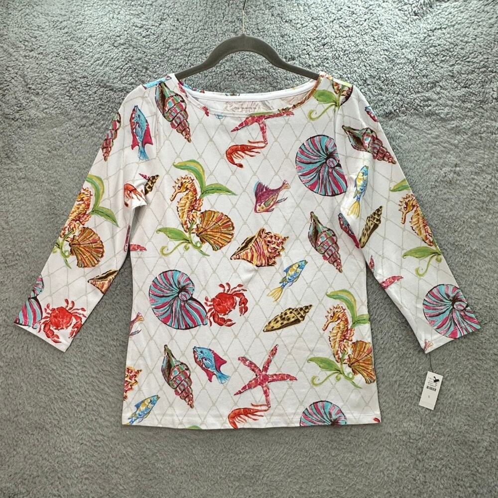 Talbots NWT Small Top 3/4 Sleeves Boat Neck Ocean Design Coastal Resort Beach